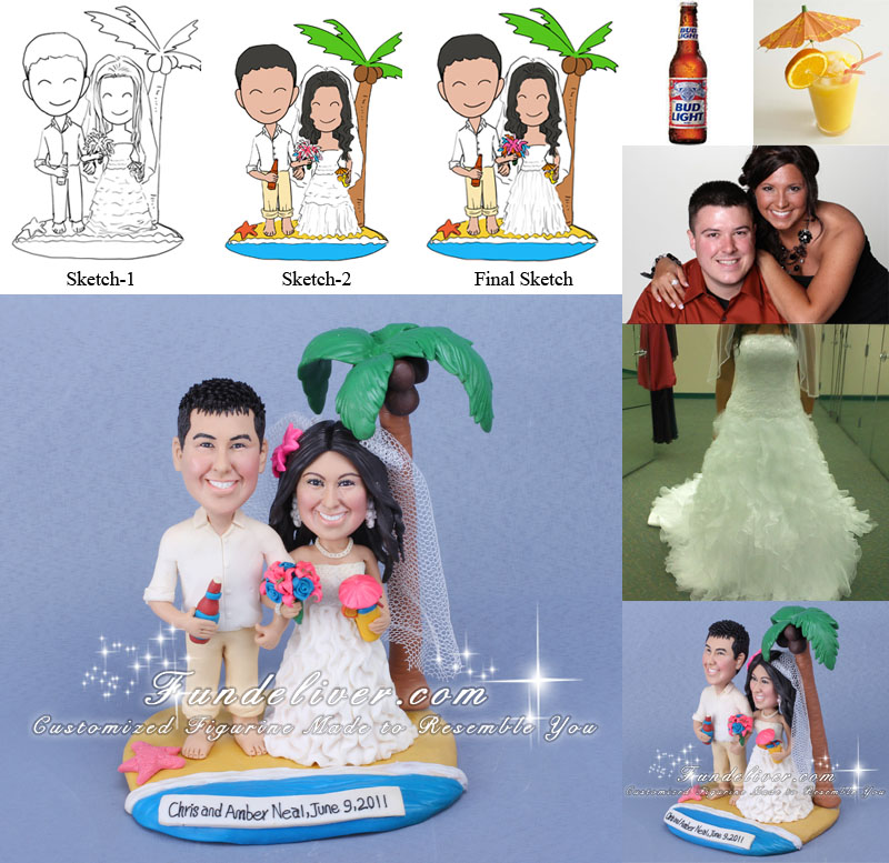 Tropical Bride and Groom Wedding Cake Topper with Palm Trees